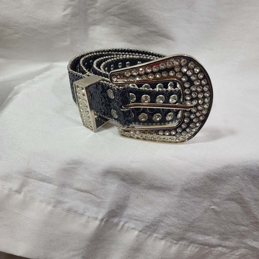 Plus size Black Western Rhinestone and Studded Faux Leather Belt with Ornate Buc